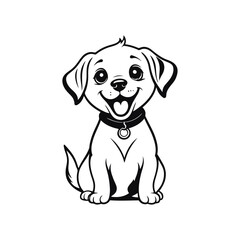 A black and white vector silhouette of an adorable baby dog sitting with a cheerful face, looking friendly on a white background