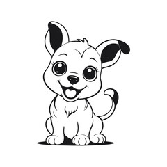 A sleek black and white vector illustration of a baby dog with a big, happy smile, spreading joy on a white background