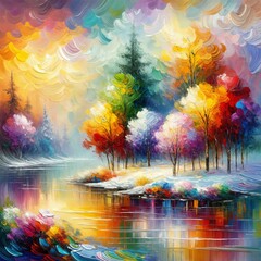 A landscape features multicolored trees reflecting in a tranquil river, surrounded by lush, colorful foliage. The sky is a patchwork of vivid hues, creating an enchanting and lively setting. Gen, A.I.