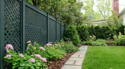 Serene Garden Pathway with Lattice Fence and Colorful Flowers