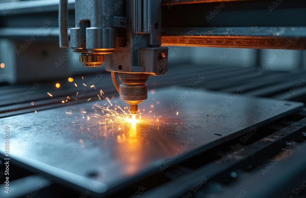 Aufkleber High-tech CNC machine creating metal parts. Laser-like precision showcases industrial innovation. CNC precision tech advanced tools for modern manufacturing with sparks.