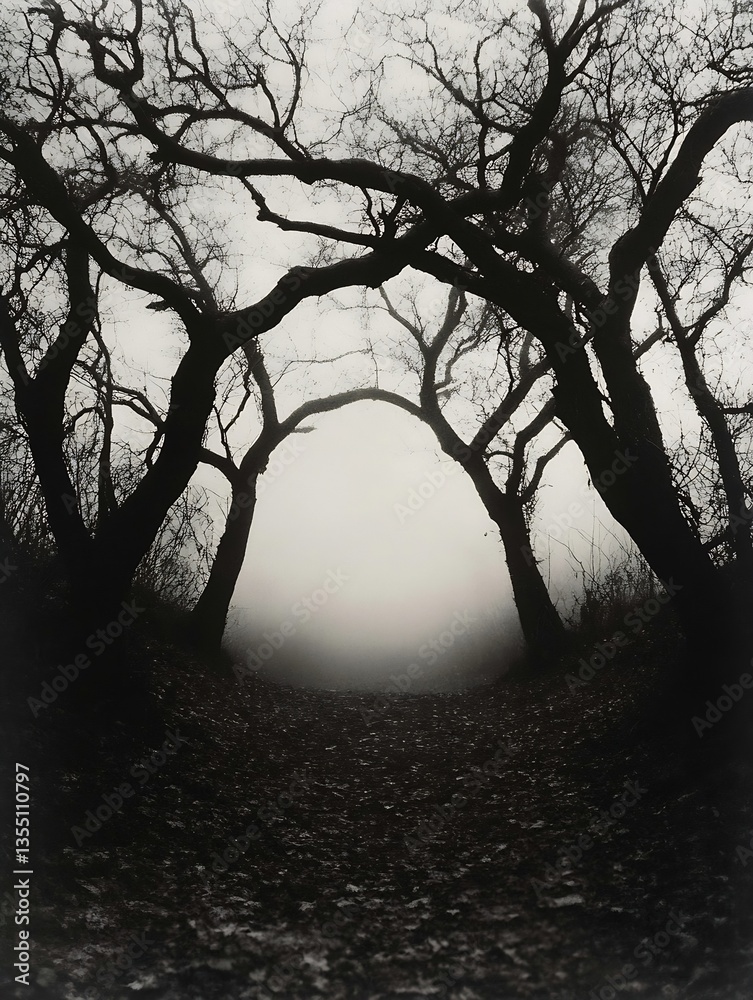 Aufkleber Mysterious foggy path framed by leafless trees creating an enchanting atmosphere : Generative AI