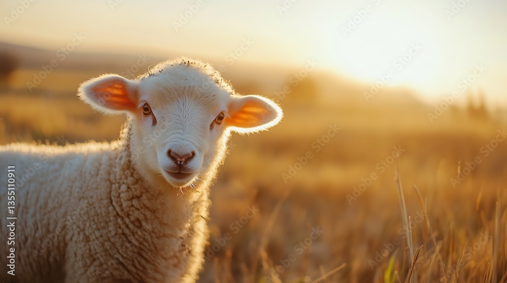 Poster adorable young lamb standing in a golden field during sunset with soft light creating an idyllic sce
