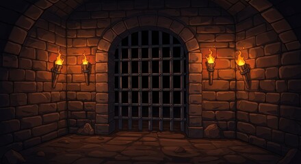 Medieval Dungeon Gate Illustration - A dark, stone dungeon cell with a barred gate, lit by flickering torches. Symbolizing imprisonment, mystery, darkness, escape, and danger