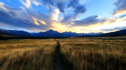 Stunning sunset over the mountain range with golden grass field in the foreground : Generative AI