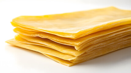A clean and neat arrangement of lasagna sheets overlapping slightly, resting flat on a smooth white background to highlight their fine texture.