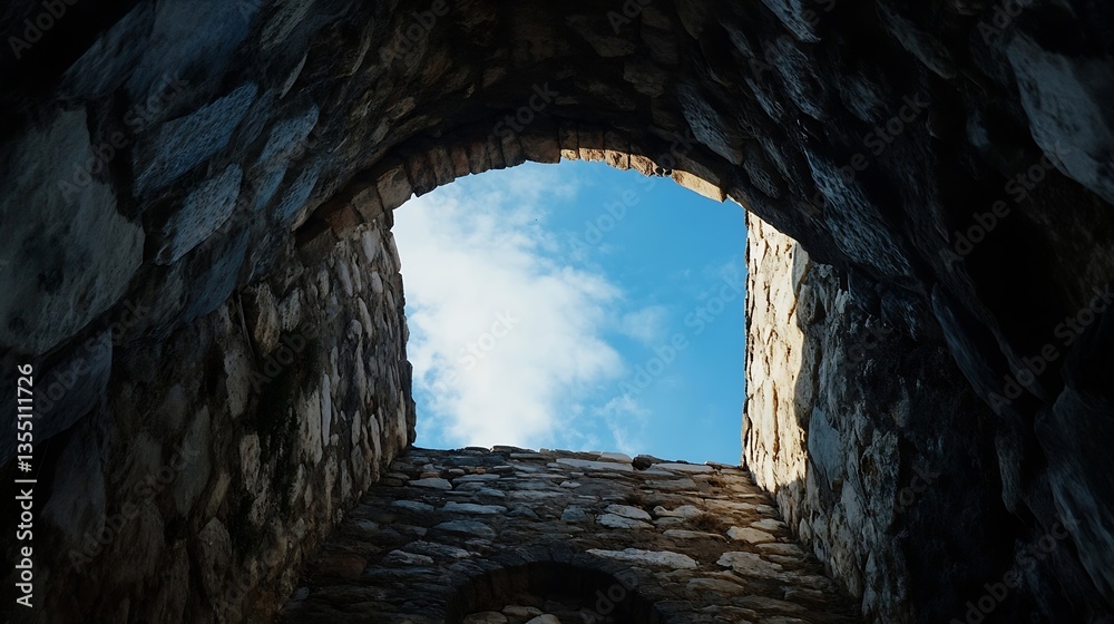 Aufkleber Unique perspective looking up through an ancient stone archway into a bright blue sky illuminated by clouds : Generative AI