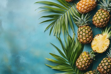 Obraz premium Pineapples and Palm Leaves Arrangement on Blue Backdrop Viewed from Above
