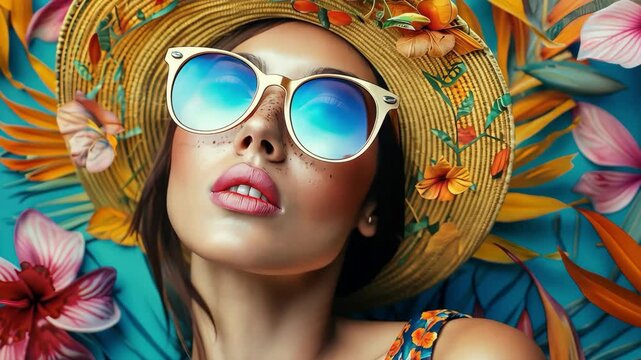 A woman wearing a yellow hat and sunglasses is laying on a blue background with flowers. The image has a tropical and colorful vibe, with the woman's outfit and accessories adding to the overall theme