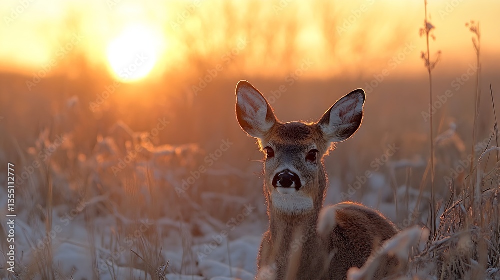 Poster A serene deer resting in a field at sunset with a warm golden glow illuminating the landscape : Generative AI