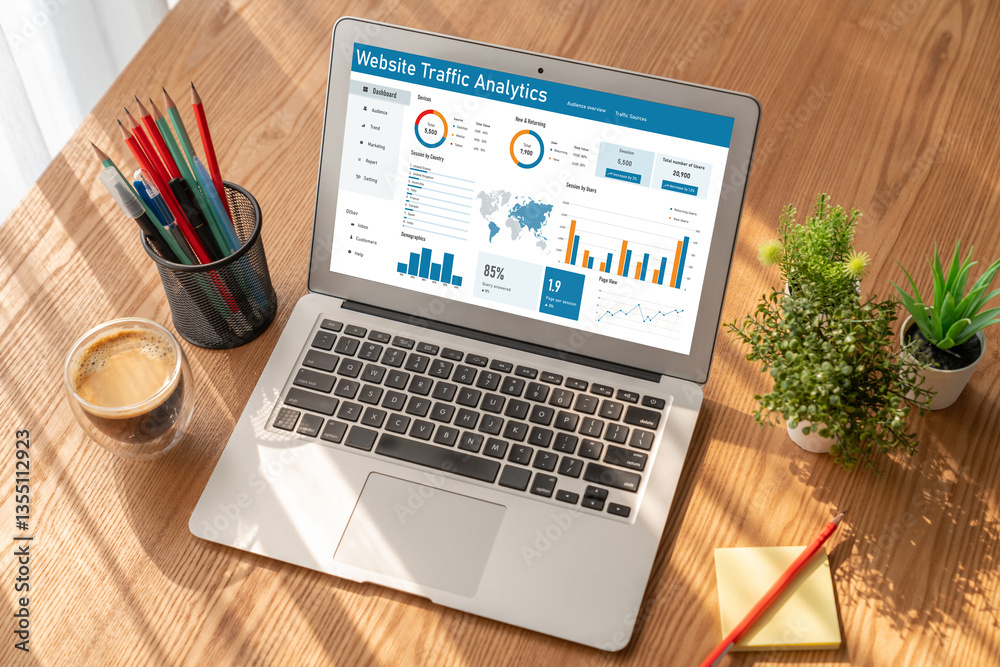 Poster computer software for website traffic analytics data on computer screen. concept of seo search engin