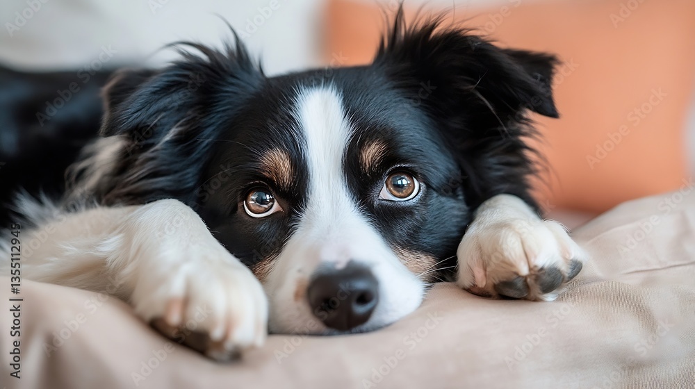Poster a black and white dog resting comfortably on a soft cushion with soulful eyes looking at the camera 
