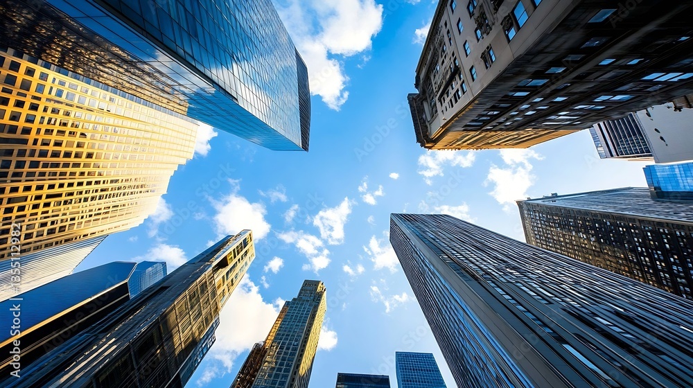 Fototapete dramatic low angle view of towering skyscrapers against a bright blue sky with fluffy white clouds c