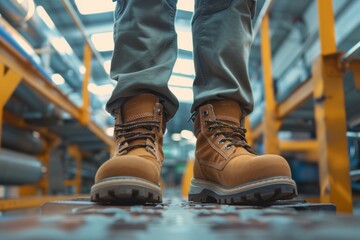Close up of safety working shoe on worker feet standing in factory