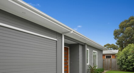 Fototapeta premium Modern House Exterior with Clean White Trim - Contemporary home showcasing clean lines, modern architecture, white soffit and fascia, and a gray exterior. Symbolising elegance, simplicity