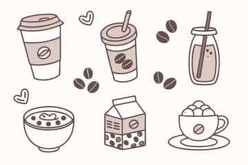 44 Coffee icons, cute beverage illustrations, pastel colors, flat design, various coffee drinks, latte art, bubble tea, to-go cup, coffee beans jar, frappuccino, espresso shot, cappuccino, minimalist 