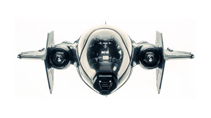 A futuristic looking silver jet with a cockpit and a bubble canopy