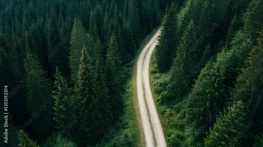 Poster serene winding road leading through a lush evergreen forest in tranquil nature : generative ai