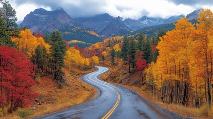 Scenic Mountain Road Through Colorful Autumn Forest Landscape