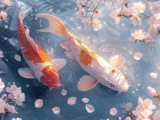 two koi fish swimming in a serene pond adorned with cherry blossoms, creating a tranquil and picturesque scene. The fish are vibrant with red and white scales