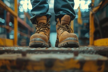 Close up of safety working shoe on worker feet standing in factory