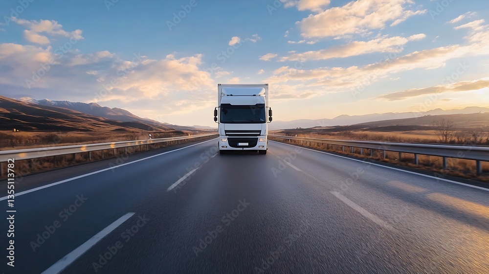 Poster large white truck driving on an open highway with scenic mountain views at sunset : generative ai