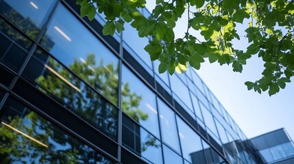 Modern office building reflecting greenery and blue sky in urban setting : Generative AI