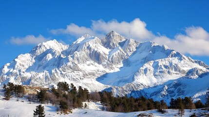 Majestic snow capped mountains under a clear blue sky showcasing the beauty of nature and outdoor adventure : Generative AI