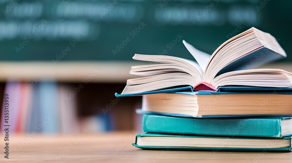 Aufkleber Stack of colorful books open on a desk with a blurred classroom background for educational themes : Generative AI