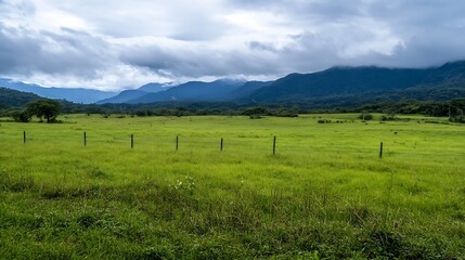 Breathtaking panoramic view of a lush green field surrounded by majestic mountains under a dramatic sky : Generative AI