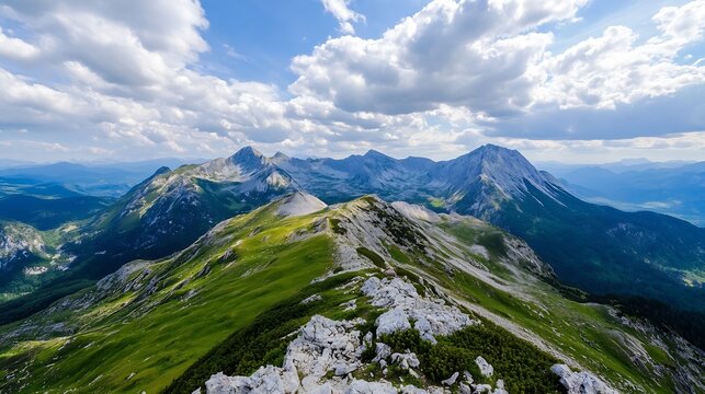 Breathtaking panoramic view of majestic mountains beneath a cloudy sky : Generative AI