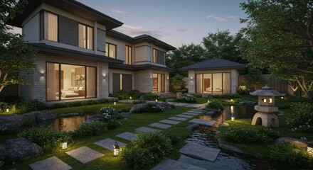 Obraz premium Modern Villa with Japanese Garden at Dusk - Tranquil modern villa, serene Japanese garden, stone pathways, calming water features, peaceful evening ambiance. Represents harmony, tranquility, elegance