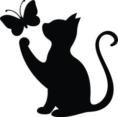 Playful Cat Silhouette with Butterfly Black and White Vector Clipart