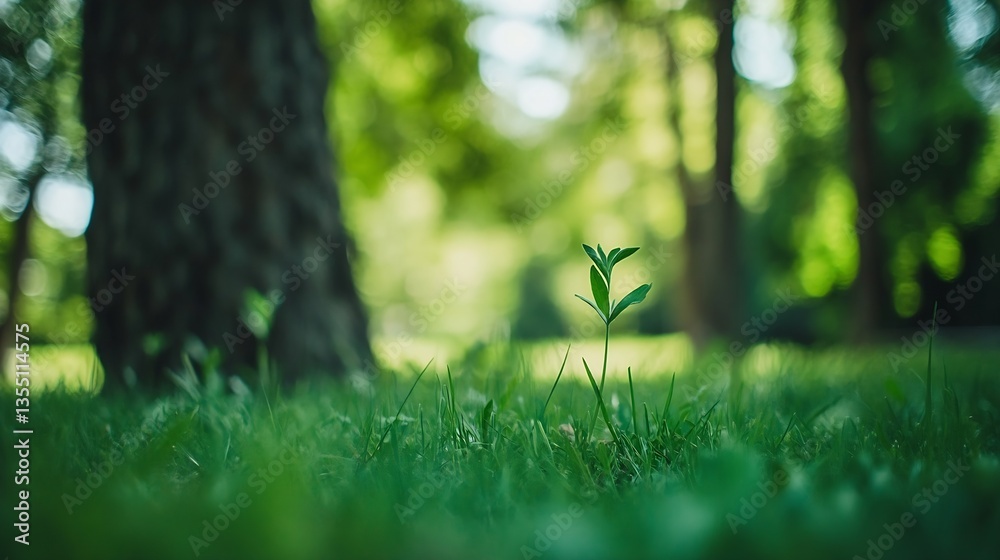 Poster a small green sprout emerging in a soft focus grassy area under a sunlit forest showcasing new growt