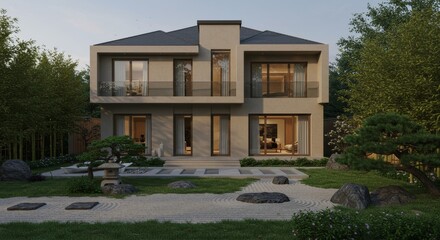 Obraz premium Modern Villa with Japanese Zen Garden - Tranquil modern villa, Japanese garden serenity, minimalist architecture, peaceful retreat, harmony of nature and design