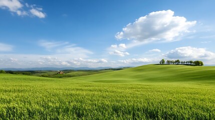 Wide Open Green Landscape Under Bright Blue Sky with Fluffy Clouds : Generative AI