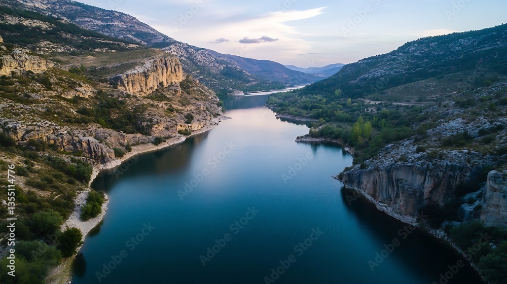 Aufkleber breathtaking aerial view of a serene river winding through rocky cliffs and lush greenery under a su