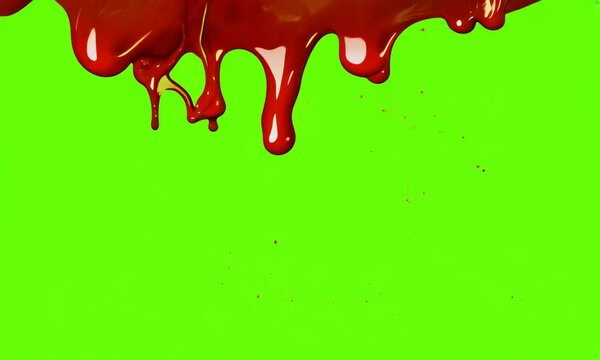 Red blood dripping down along animation on the green screen background