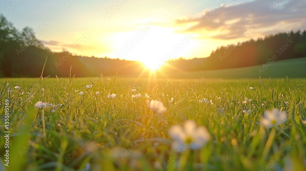 Poster beautiful sunrise over a field with wildflowers and grass illuminated by soft light : generative ai