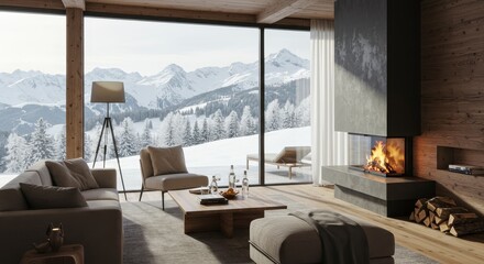 Mountain View Living Room - Cozy living room with stunning mountain views, fireplace, and modern furniture. Perfect for relaxation and enjoying nature's beauty