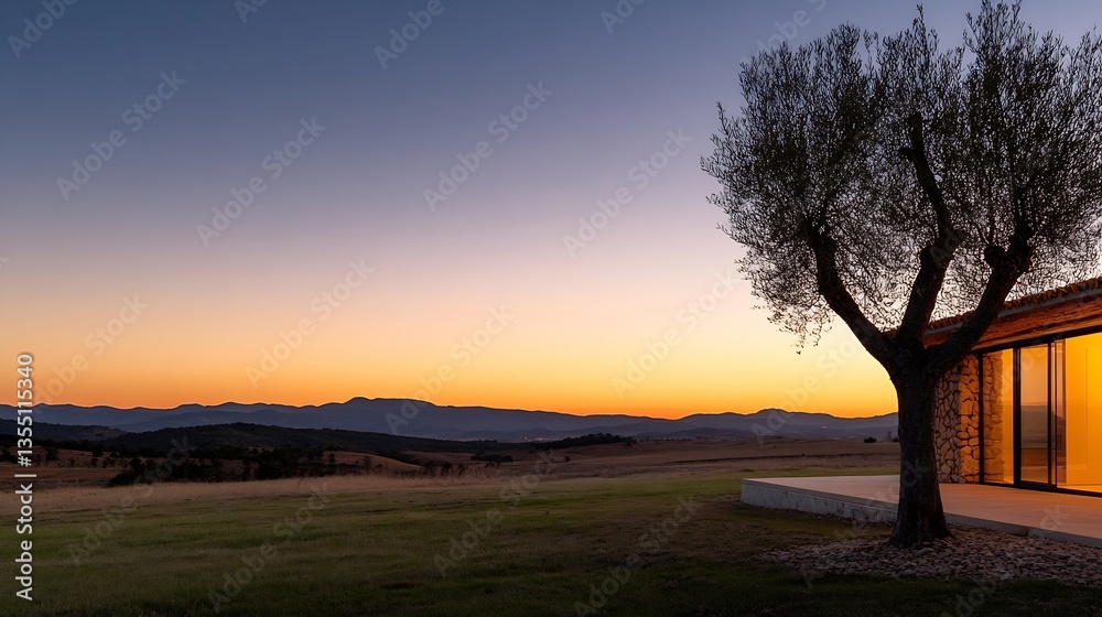 Poster breathtaking sunset over rolling hills featuring a solitary tree and a modern building creating harm