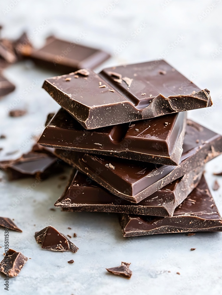 Poster deliciously rich dark chocolate stacked on a marble surface showcasing its smooth texture and entici