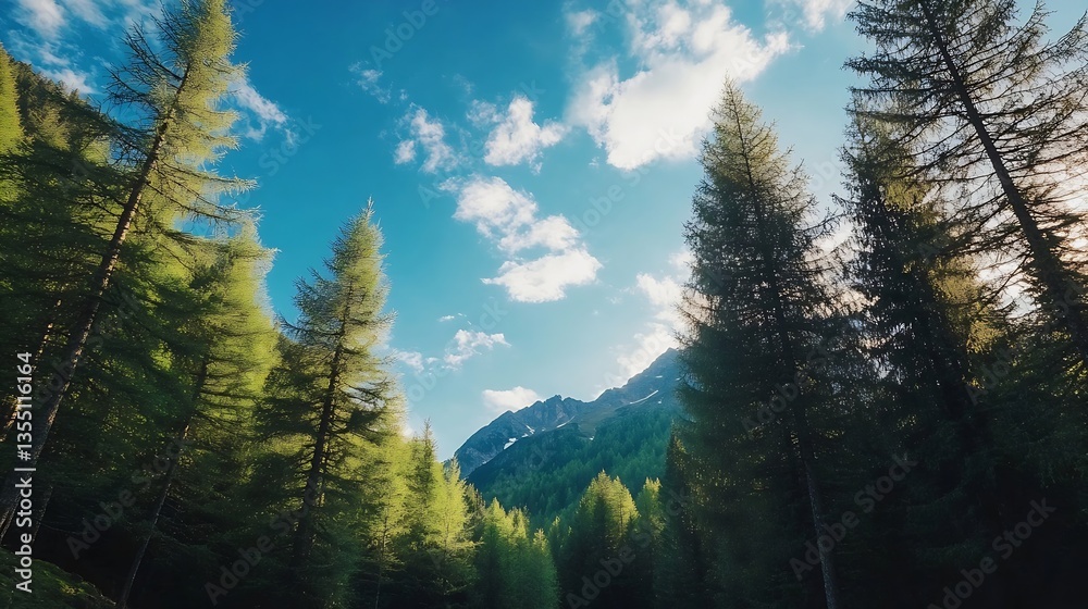 Poster stunning forest scene with tall trees reaching towards a bright sky and majestic mountain peaks in t