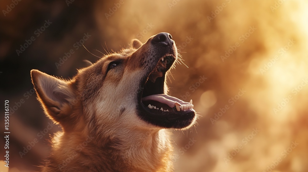 Poster majestic close up of a howling dog with a sunlit background highlighting its fur : generative ai