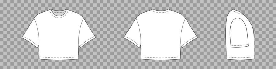 Crop top tshirt front and side back view isolated. Short sports shirt unisex for everyday wear and sports