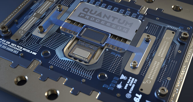 Close-up of a quantum processor. 3D rendering inspired by real-life models.