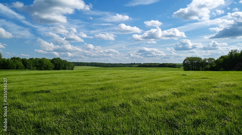 Poster Wide Open Green Field Under Bright Blue Sky Filled with Fluffy Clouds on a Sunny Day : Generative AI