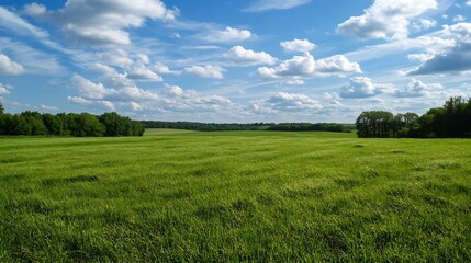 Fototapeta premium Wide Open Green Field Under Bright Blue Sky Filled with Fluffy Clouds on a Sunny Day : Generative AI
