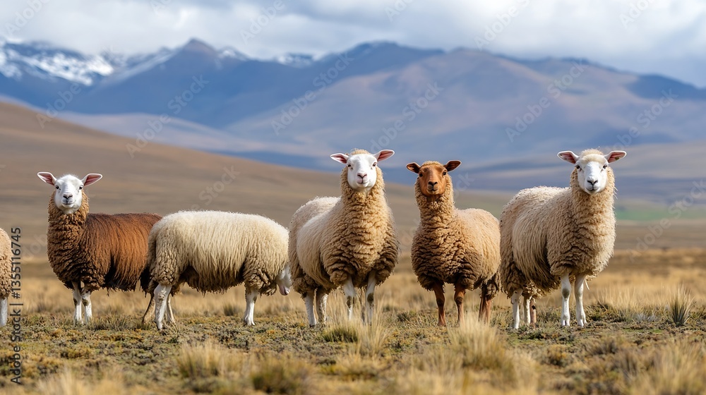 Poster herd of sheep grazing peacefully on a lush hillside with mountains in the background during daytime 
