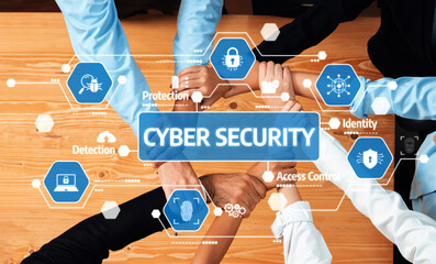 A group of professionals collaborates on cyber security, emphasizing teamwork and the importance of protection, access control, and identity management in a digital environment. Amity